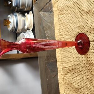 Cranberry Etched Glass Vase Mid Century Modern Fragile Collectible